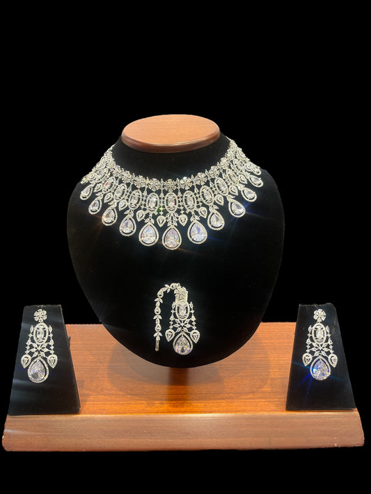 American Diamond Semi Bridal Look Necklace set with tikka (Design 2)