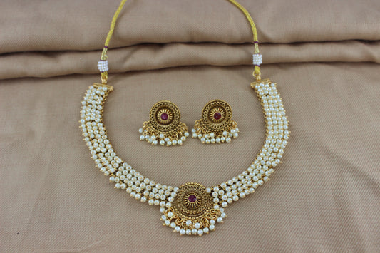 Antique Gold  Neckalce Set with Studs (Set 12)