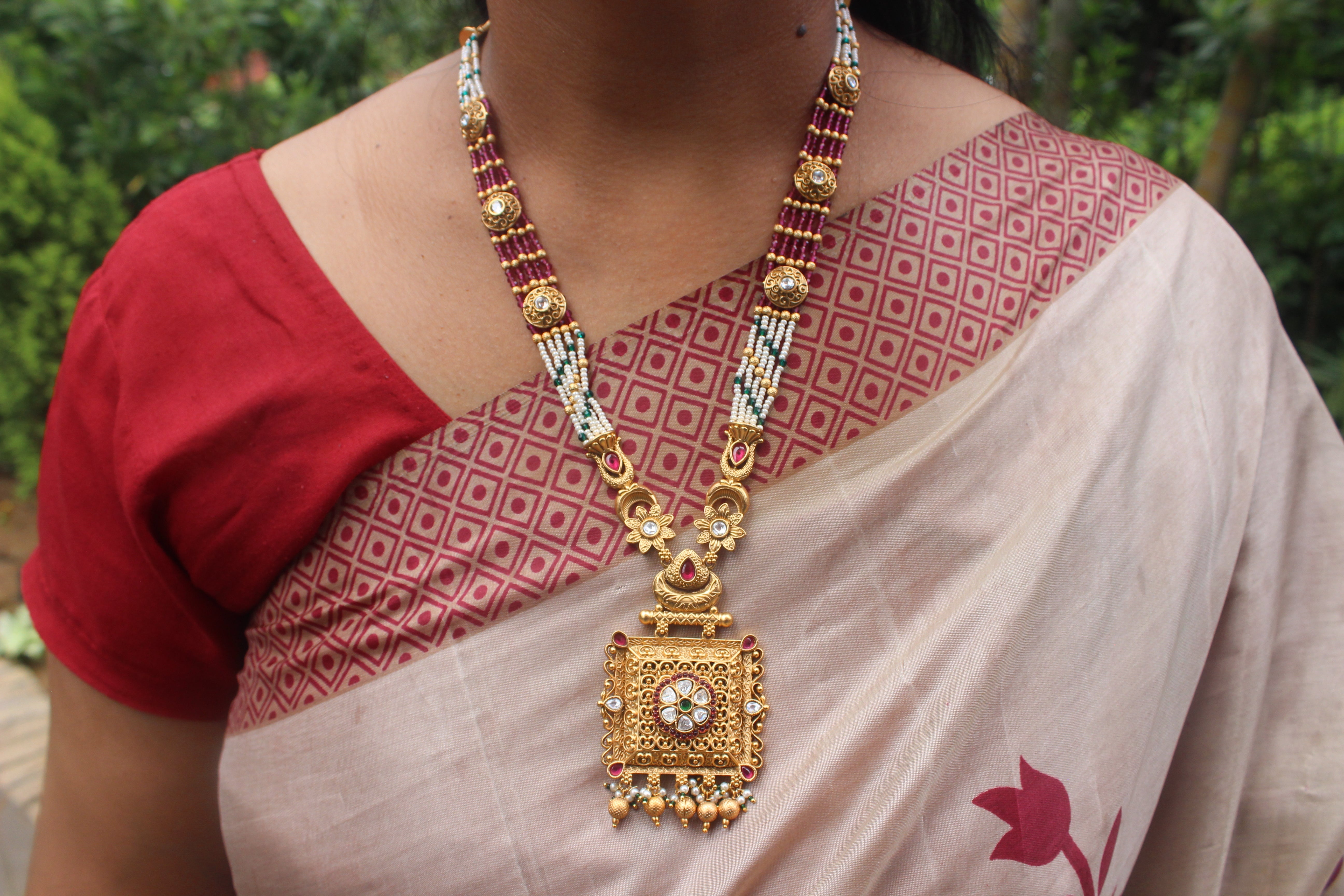 Antique Gold Long Necklace Set With Kundan & Kemp stones work ( Design 17)