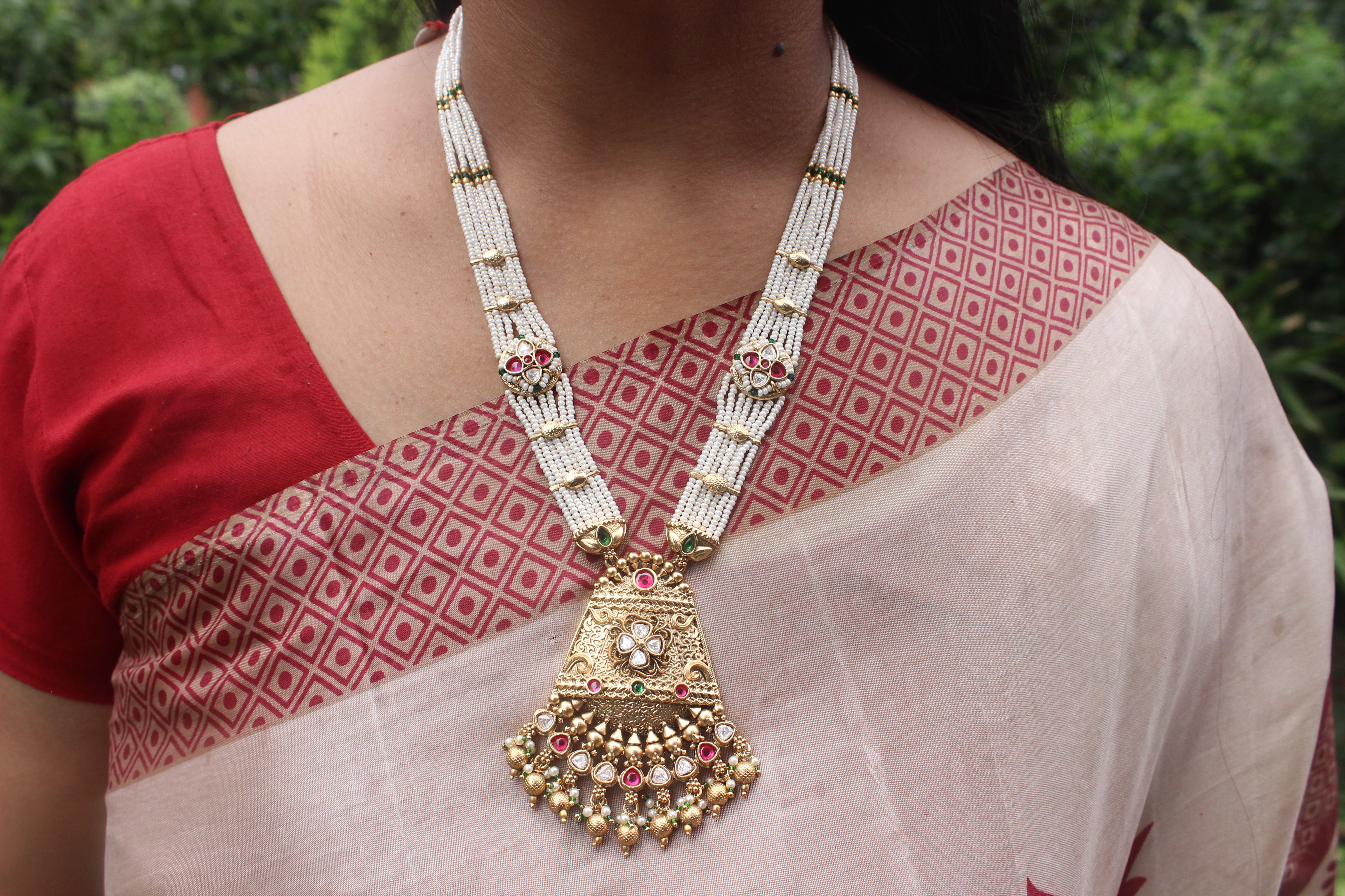 Antique Gold Long Necklace Set With Kundan & Kemp stones work ( Design 16)