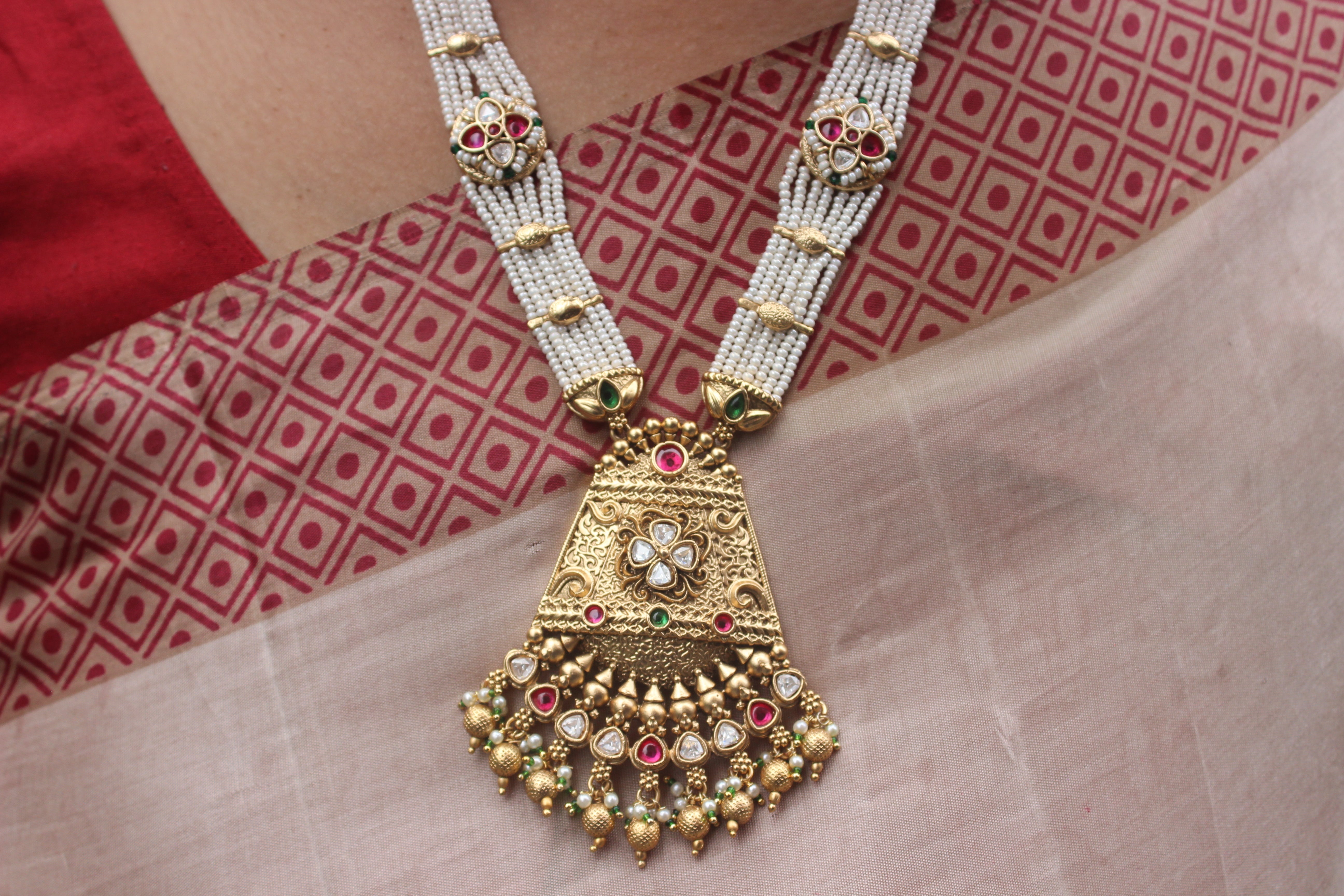 Antique Gold Long Necklace Set With Kundan & Kemp stones work ( Design 16)