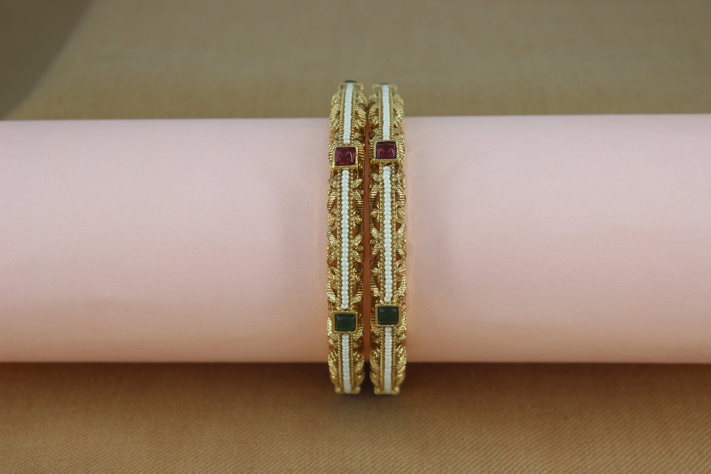 Evergreen thin Pearl Bangles with colored stone work (Design 38)