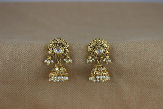 Minimal Antique Golden Jhumki's With Kundan Wrok (Design 33)